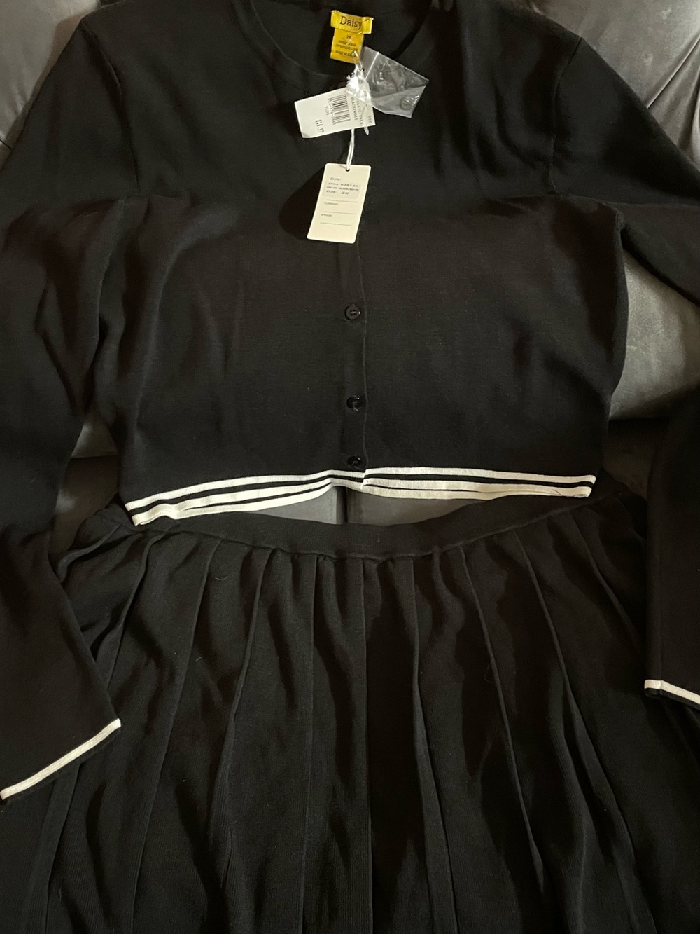 Daisy Black Knit Dress with White Stripe Trim